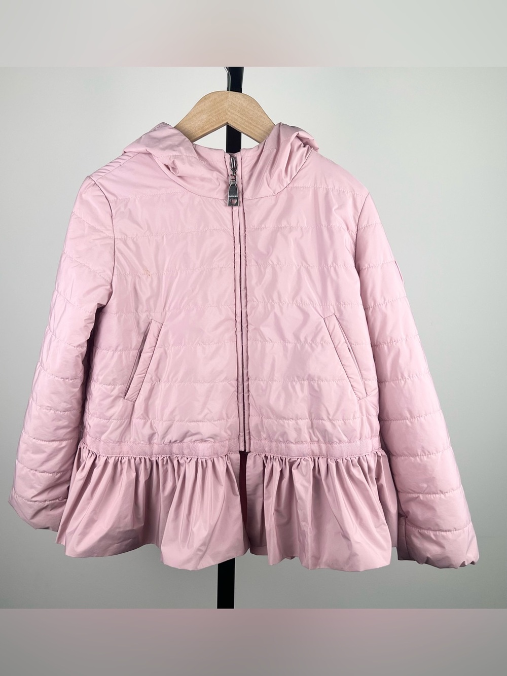 Monnalisa Girls Lightweight Hooded Ruffled Puffer Jacket, Pink, 8Y - Picture 2 of 10